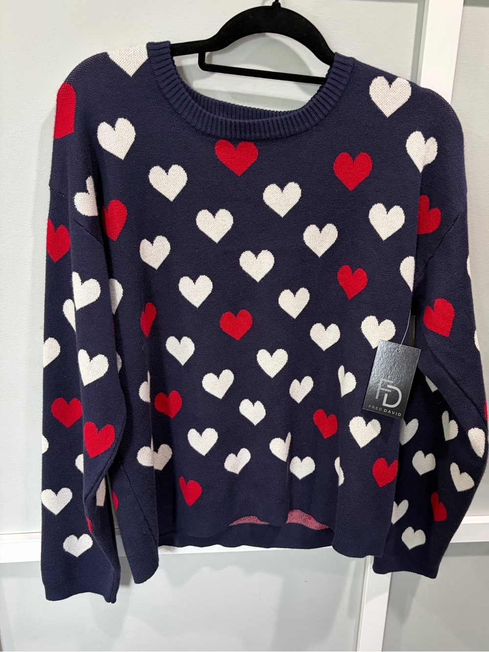 Fred David NWT Navy Blue Red White All Over Heart Pattern Knit Sweater Size Larg